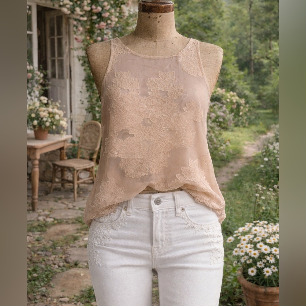 Sheer Lace Floral Tank Top in Blush